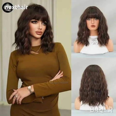Къдрава кафява перука с кичури и бретон средна дължина, снимка 6 - Аксесоари за коса - 51386658