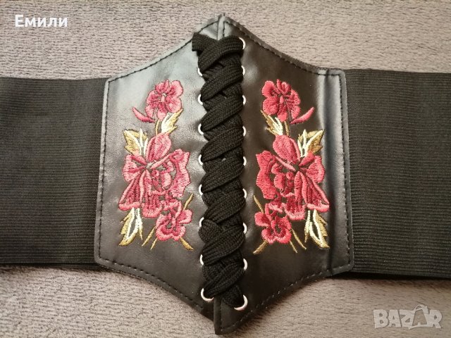 Колан/корсет за талия с бродерия цветя, имитация на кожа и ластик в черен цвят, снимка 8 - Корсети, бюстиета, топове - 41488677