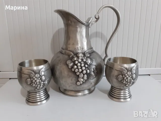 Комплект Кана и чаши за вино от калай Antik*Vintage#74, снимка 2 - Антикварни и старинни предмети - 48691014