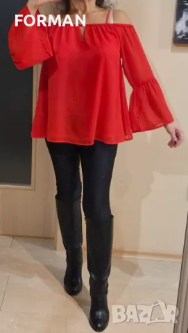 Червена риза с отворени рамене, снимка 2 - Ризи - 47958448