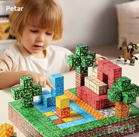 Магнитни Кубчета Майнкрафт 100 бр.+ 5 героя  Magnetic Blocks Minecraft