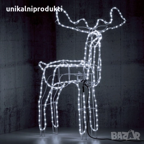 Коледен светещ 3D елен 1.2м х 1м с автоматично въртяща се глава с флаш ефект студено бяла светлина
