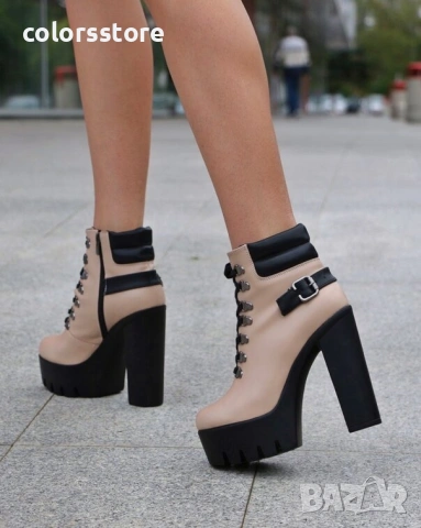 Боти на ток - бежова кожа с черно ходило - BT14

, снимка 2 - Дамски боти - 36056013