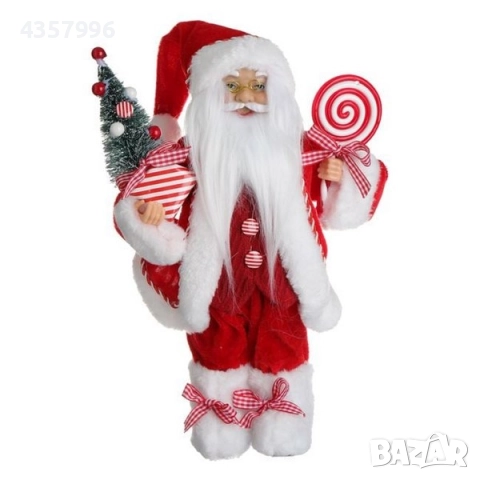 Коледна фигура Дядо Коледа с червен костюм, елха и близалка, 31см