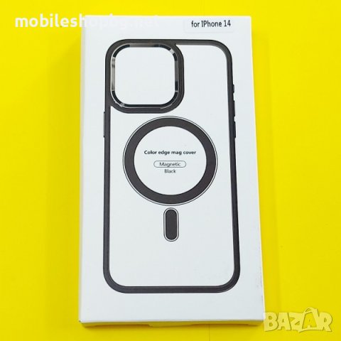 калъф за iPhone 14 прозрачен твърд с черна силиконова рамка MagSafe, снимка 4 - Калъфи, кейсове - 42622180