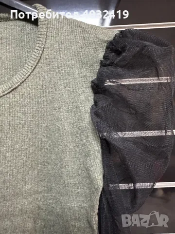 Маслено зелена плетена рокля с мрежести ръкави, снимка 2 - Рокли - 47844762