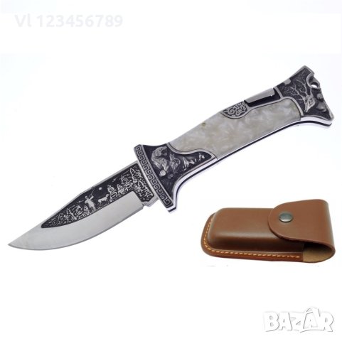 Руски ловен сгъваем нож с кожен калъф гравиран елен и ловец  100х230 мм, снимка 1 - Ножове - 40770204