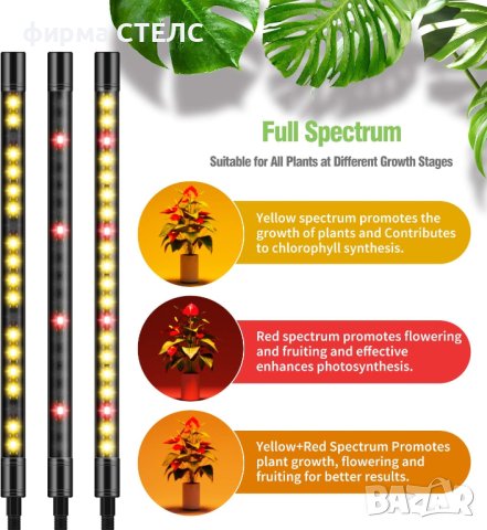 Лампа за отглеждане на растения STELS, Трипод, Таймер, Черен , снимка 3 - Други - 41687202