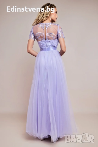 Дамска дълга лилава рокля от тюл с бродирана горна част и сатенен колан, снимка 2 - Рокли - 52391991