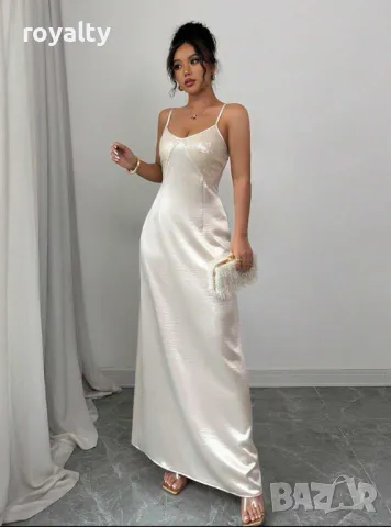 Елегантна сатенена рокля в цвят шампанско от тъкан плат 🥥, снимка 5 - Рокли - 49205541