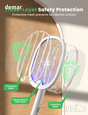 YISSVIC Електрическа мухобойка, Сгъваема ракета, 4000V, 1800mAh, 2 броя-бели, снимка 5 - Други стоки за дома - 49585958