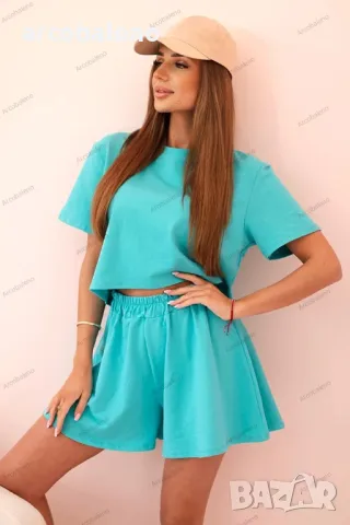 Дамски памучен комплект от две части с широки шорти, 11цвята , снимка 3 - Комплекти - 50322084