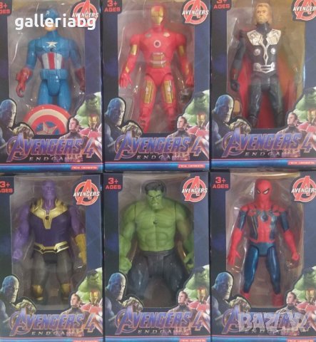 6 фигурки на Хълк, Танос, Спайдърмен, Железният Човек, Капитан Америка, Тор
