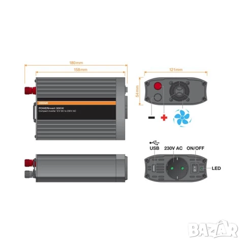 Монофазен токов инвертор Osram POWERinvert 300 12V DC към 230V AC, 300W, 2.1A USB, с един контакт, снимка 3 - Аксесоари и консумативи - 51060842
