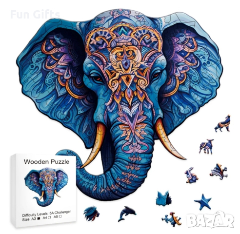 Цветен 3D Дървен Пъзел във Формата на Слон, снимка 1 - Пъзели - 43453286