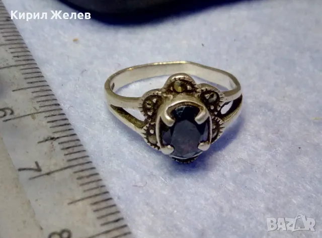 СТАРИНЕН МАРКАЗИТЕН СРЕБЪРЕН ПРЪСТЕН СРЕБРО 925 АВТОРСКИ с 2 ЩЕМПЕЛА и РЯДЪК ТЪМЕН АМЕТИСТ 48267, снимка 9 - Антикварни и старинни предмети - 50354750