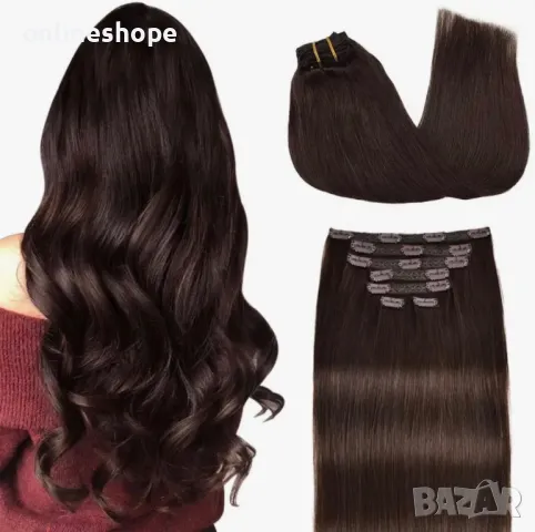 100% Естествена права коса 45см - 70 грама , 7 реда Клипс - Remy -, снимка 2 - Аксесоари за коса - 49259028