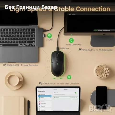 Нова черна Безжична тиха мишка RK Royal Kludge MO1 6 бутона Bluetooth 2.4GHz USB-C, снимка 4 - Клавиатури и мишки - 55954800