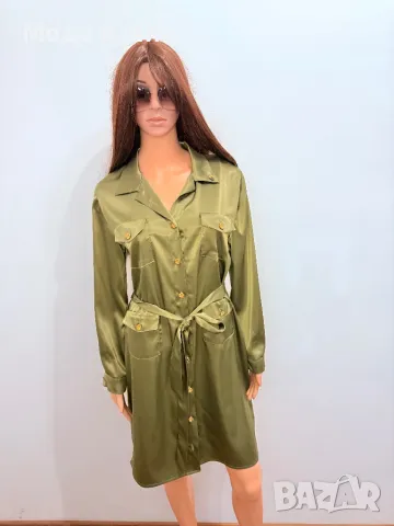 Риза рокля в зелено със златни копчета, снимка 1