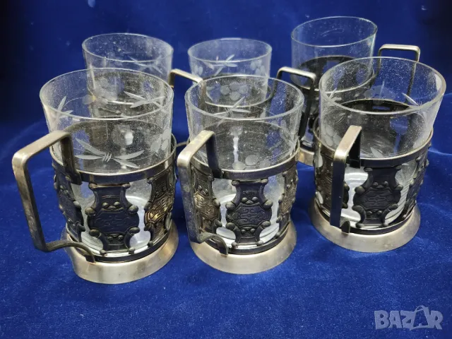 подстакани - комплект 6 броя, мод. Латы ( Броня), мелхиор, посребрени+ стъкл.чаши+ захарница от СССР