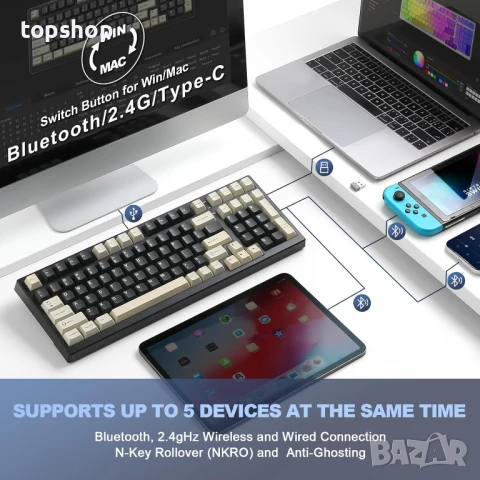 НОВА, ТЕСТВАНА YUNZII YZ98 Gasket механична клавиатура, 99 клавиша, BT5.0/2.4G/USB-C безжична..., снимка 4 - Клавиатури и мишки - 50578811