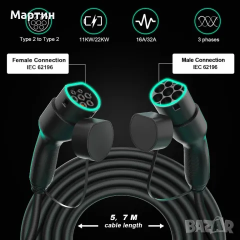 KUAX EV PHEV кабел за зареждане тип 2 22kW 32A 7M за автомобил, снимка 4 - Аксесоари и консумативи - 49891841