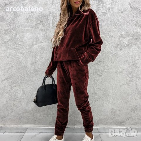 Дамски едноцветен спортен кадифен костюм с качулка, 3цвята , снимка 3 - Комплекти - 39449229