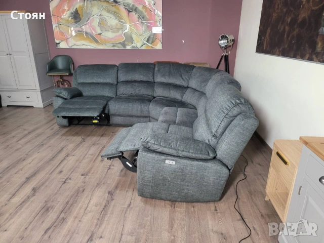 Сив ъглов диван от плат с електрически релаксиращ механизъм, снимка 11 - Дивани и мека мебел - 53833745