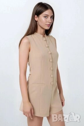  - 20 %  Елегантен къс гащеризон, цвят бежав, снимка 4 - Гащеризони - 51512931