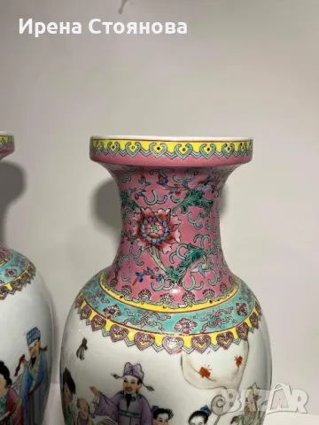 Двойка големи, китайски, порцеланови вази Qianlong Famille Rose Mandarin, снимка 14 - Колекции - 48238430