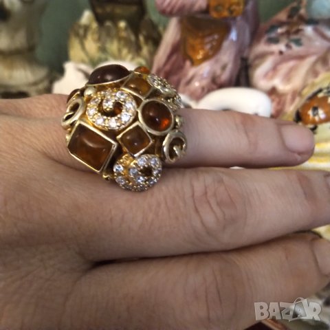 Oxette масивен сребърен пръстен с позлата и кехлибар , снимка 2 - Пръстени - 41469792