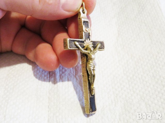  Красив Старинен бронзов кръст разпятие   - 70 х 35 мм Исус Христос, снимка 3 - Други ценни предмети - 34221576