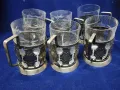 подстакани - комплект 6 броя, мод. Латы ( Броня), мелхиор, посребрени+ стъкл.чаши+ захарница от СССР, снимка 1