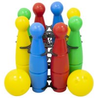 Боулинг с 8 кегли в различни ярки цветове и 2 топки на стойка, размери 21х21х24 см. , снимка 1 - Играчки за стая - 39486658