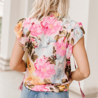 Дамска блуза с къс ръкав, принт на цветя и връзки с пискюли, снимка 2 - Корсети, бюстиета, топове - 44821728