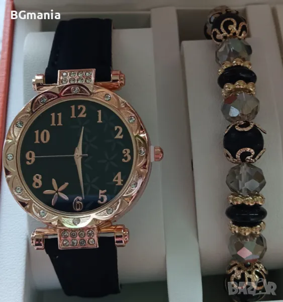 Комплект стилен дамски часовник с гривна къмъни и кристали черно, снимка 1
