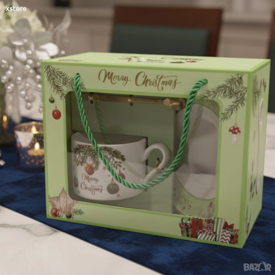 Коледен подаръчен комплект – Керамична чаша с лъжичка и чинийка в празнична кутия, снимка 1