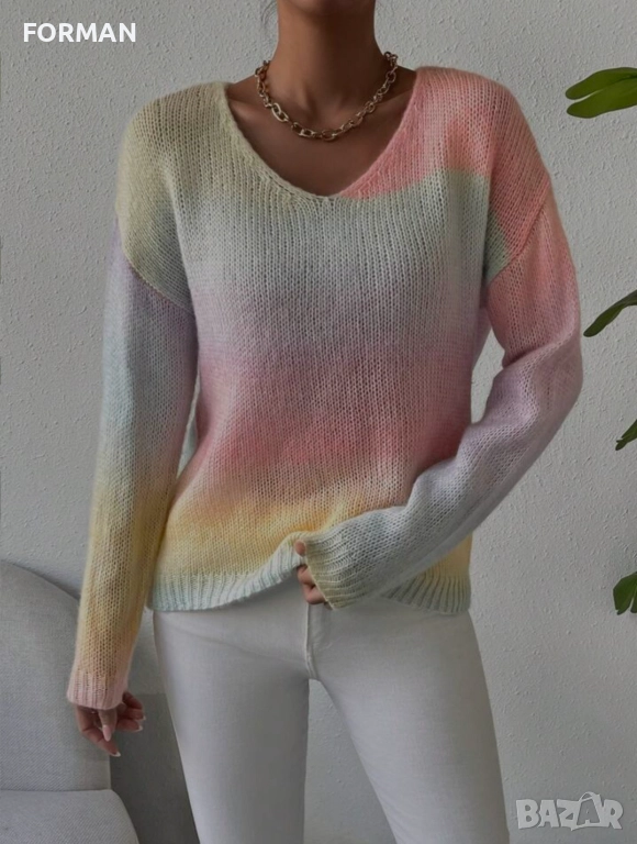 СТРАХОТНА блуза плетиво в преливащи нежни цветове и остро деколте, снимка 1