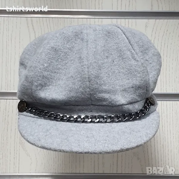 Нова зимна дамска шапка baker boy със синджир в сив цвят, снимка 1