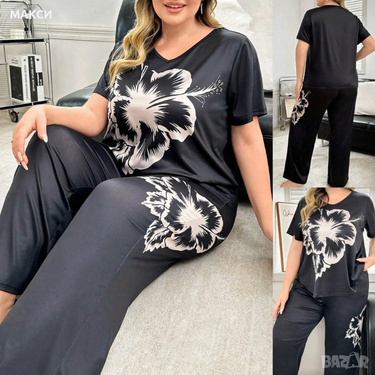 Макси чудесен еластичен и мек комплект/пижама/ - блуза с къс ръкав  и V-образно деколте + долнище с , снимка 1