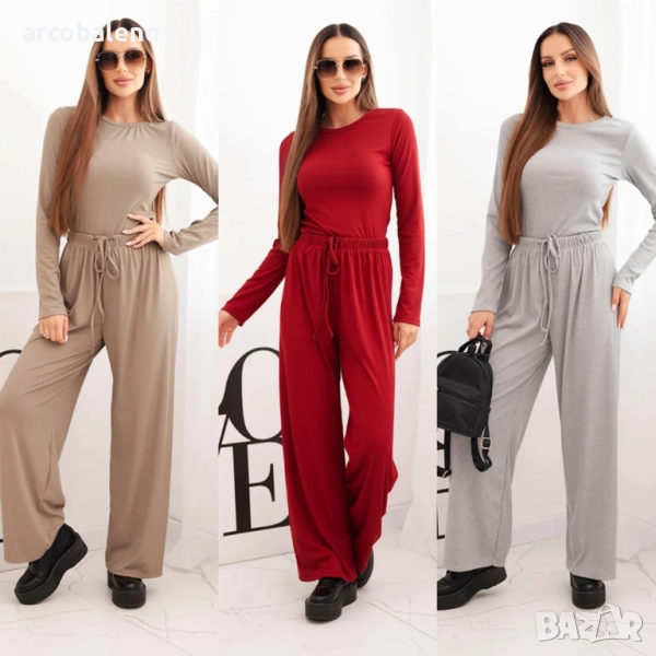 Дамски комплект от вискоза с блуза и широк панталон, 3цвята , снимка 1