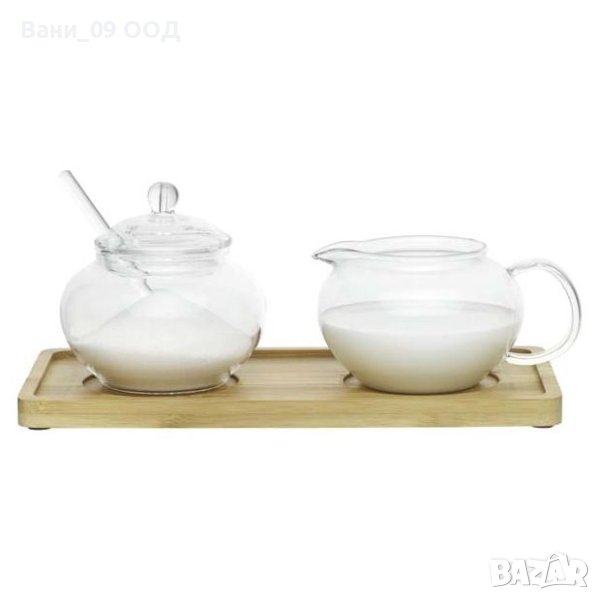 Сет каничка и захарница с бамбукова подложка, снимка 1