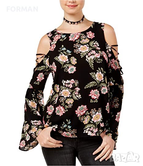 КРАСИВА риза/блуза с отворени рамене - черна на цветя, снимка 1