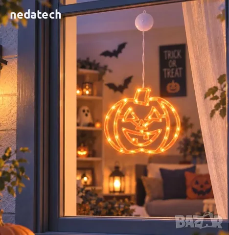 Halloween висяща тиква с 16 оранжеви LED светлини – 20x18 cm, снимка 3 - Декорация за дома - 56197487