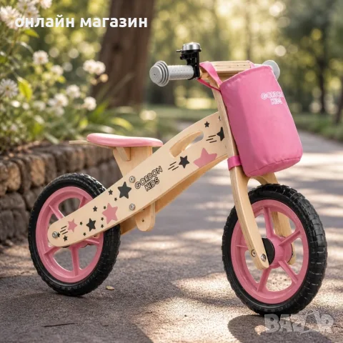 Дървено баланс колело 12" – Розово, с мека седалка, чанта и звънец, снимка 2 - Детски велосипеди, триколки и коли - 55953949