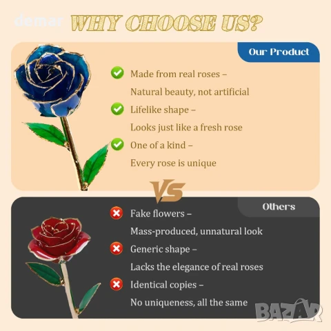 Mikasol Истинска реалистична роза, потопена в 24-каратово злато – вечен, реалистичен цъфтеж, синя, снимка 4 - Подаръци за жени - 50592043