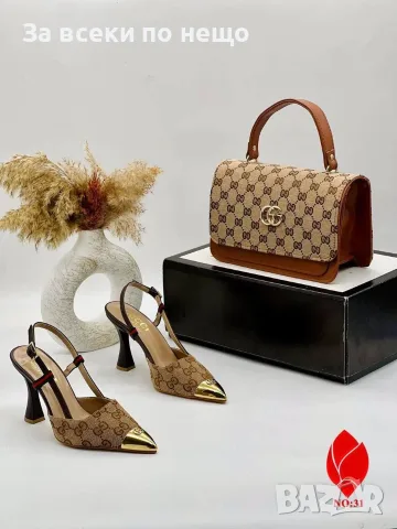 Gucci Дамски Елегантни Обувки С Ток Монограм Каишка И Метален Златен Връх - 2 Цвята Код SEM-719, снимка 5 - Дамски обувки на ток - 55972605