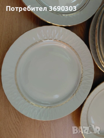 Български порцелан Мрежеста Изида златен кант, 10 броя чинии за основно 23 см, по 3 евро за брой, снимка 4 - Чинии - 53779713