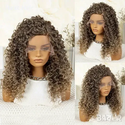 Кафява омбре къдрава перука с руси краища лейс фронт 13*4*1, снимка 6 - Аксесоари за коса - 48438364