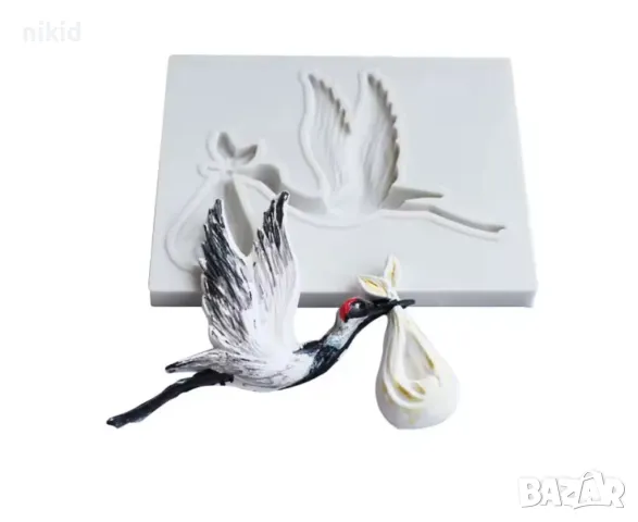 Щъркел с вързоп бебе силиконов молд форма за украса торта с фондан шоколад